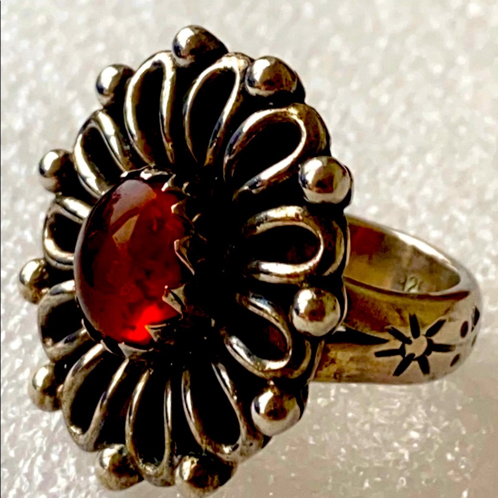 Solid Sterling Silver Baltic Amber Flower Chunky … - image 1